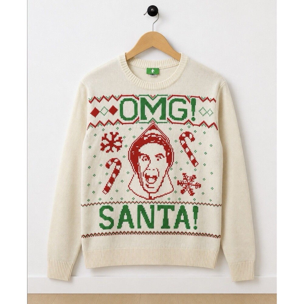 Elf Men's XL Christmas Sweater OMG Santa Buddy Graphic Ivory Crewneck